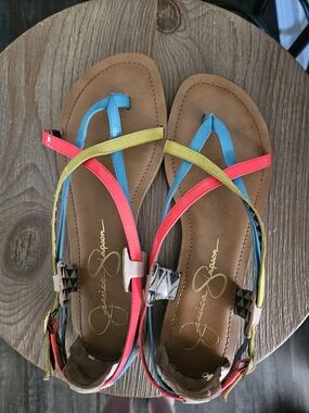 Jessica Simpson Multicolor Strappy Flat Sandals - Neon Pink/Blue/Yellow